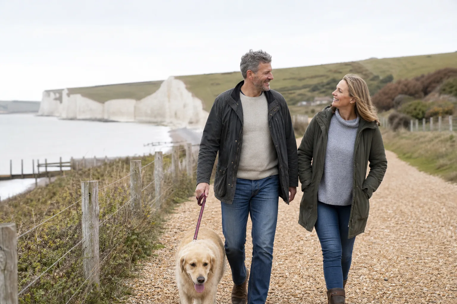 Two people walking together beside the sea in West Sussex