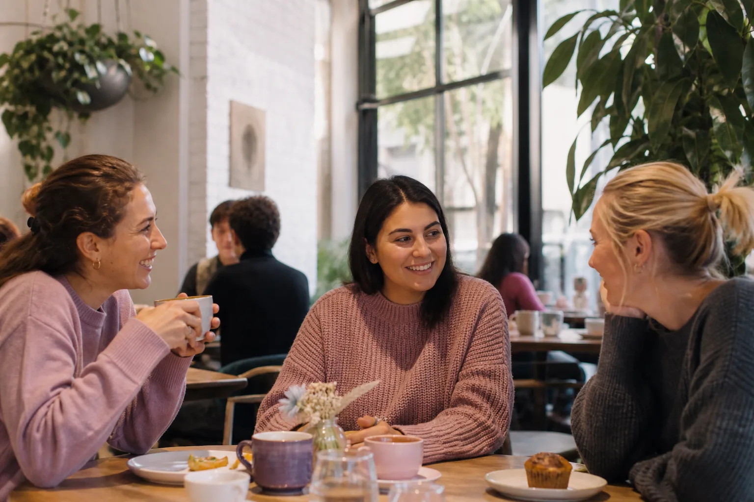 Three adults talking over drinks at a relaxed Sussex café