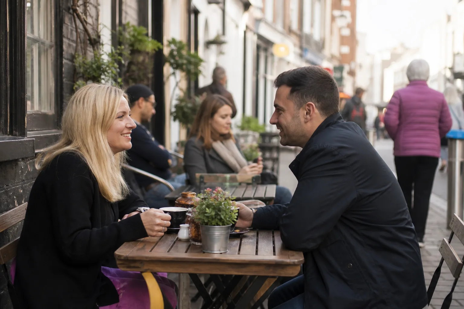 Two adults talking over coffee in central Chichester