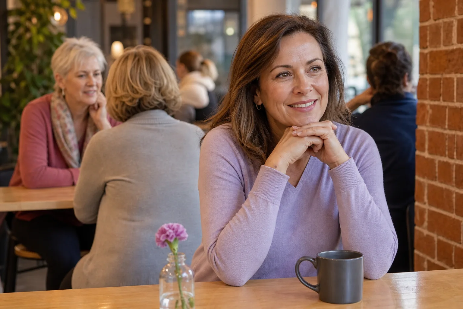 Two adults talking over coffee at a Sussex café