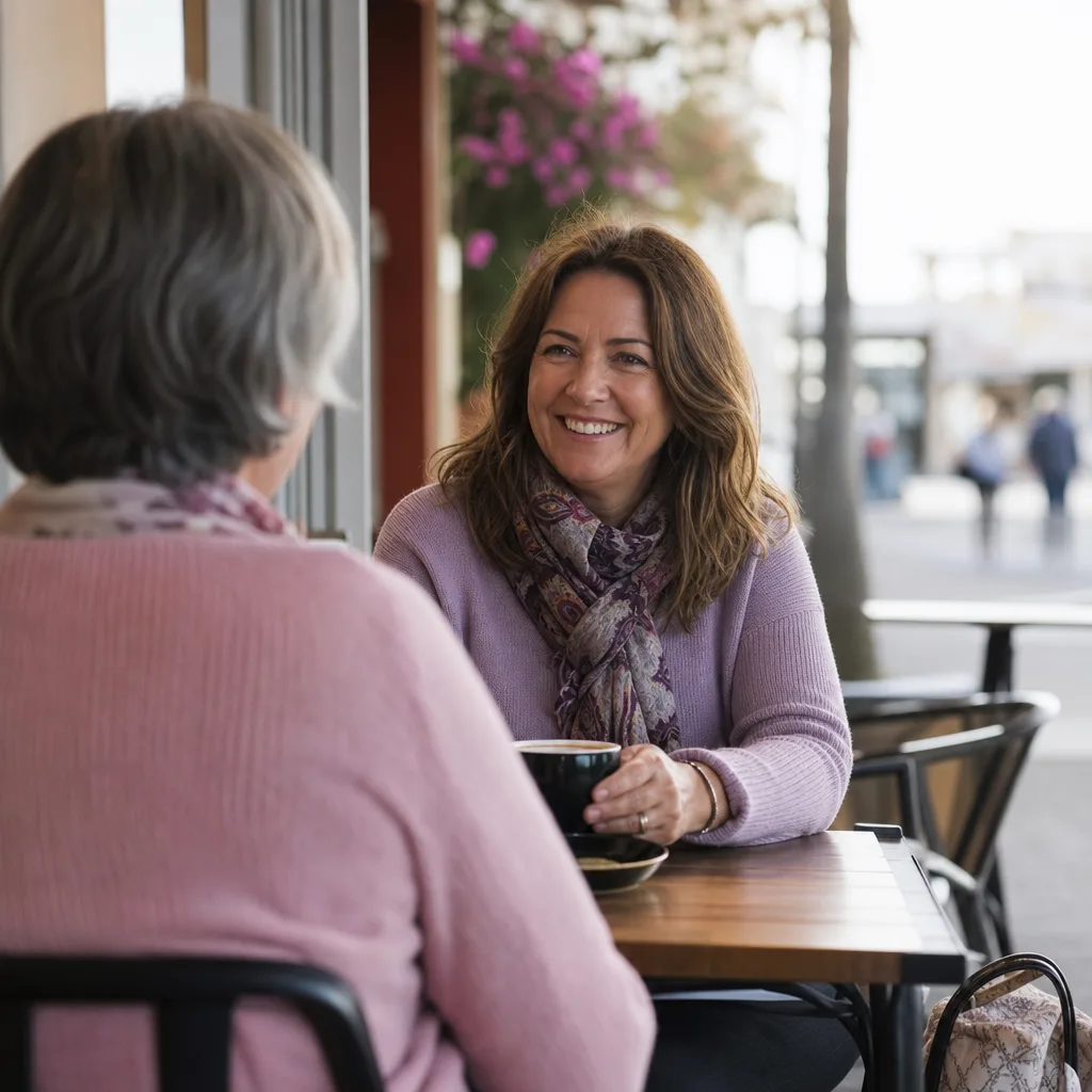 Two adults meeting at a bright public café in Sussex